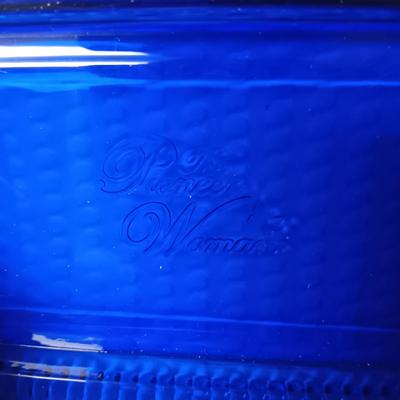 COBALT BLUE PIONEER WOMAN BUTTER DISH, GLASS VASE AND APPLE