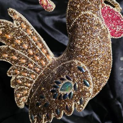 Vintage Hand-Beaded Rooster Figurine - 15" Tall Gold & Red Beaded Chicken Sculpture