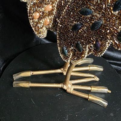Vintage Hand-Beaded Rooster Figurine - 15" Tall Gold & Red Beaded Chicken Sculpture