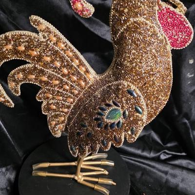 Vintage Hand-Beaded Rooster Figurine - 15" Tall Gold & Red Beaded Chicken Sculpture