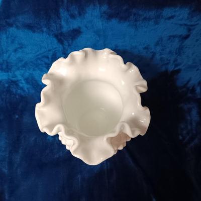 FENTON ROSE BOWL, DIAMOND POINTE COMPOTE AND AMBER GLASS FLOWER FROG