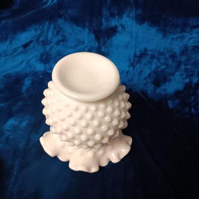 FENTON ROSE BOWL, DIAMOND POINTE COMPOTE AND AMBER GLASS FLOWER FROG