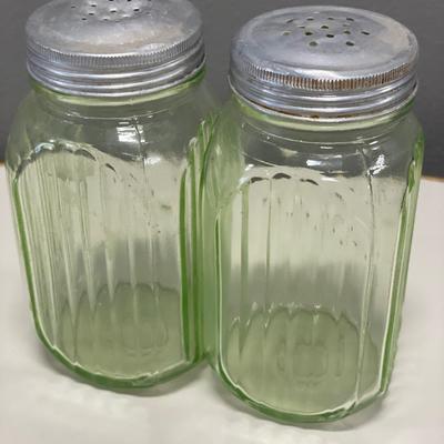 Depression green glass shakers