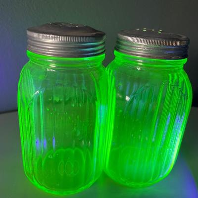 Depression green glass shakers