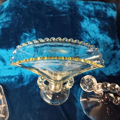 CANDLEWICK FAN VASE & DOUBLE CANDLE HOLDER PLUS COVERED CHEESE DISH