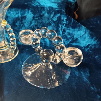 CANDLEWICK FAN VASE & DOUBLE CANDLE HOLDER PLUS COVERED CHEESE DISH