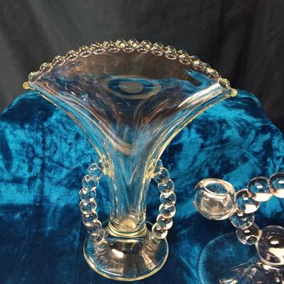 CANDLEWICK FAN VASE & DOUBLE CANDLE HOLDER PLUS COVERED CHEESE DISH