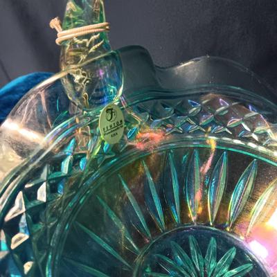 FENTON IRIDESCENT GLASS BASKET AND A CRYSTAL VASE