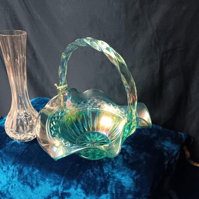 FENTON IRIDESCENT GLASS BASKET AND A CRYSTAL VASE