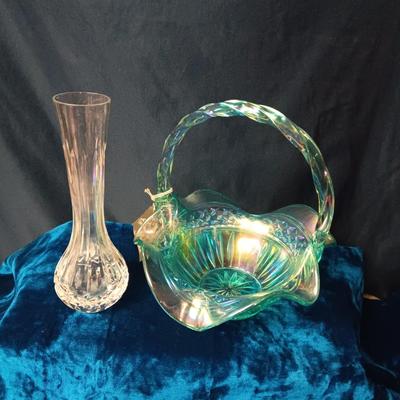 FENTON IRIDESCENT GLASS BASKET AND A CRYSTAL VASE