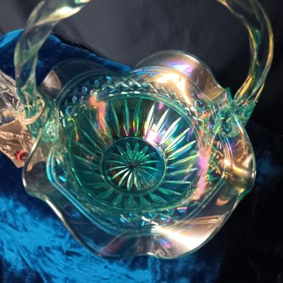 FENTON IRIDESCENT GLASS BASKET AND A CRYSTAL VASE