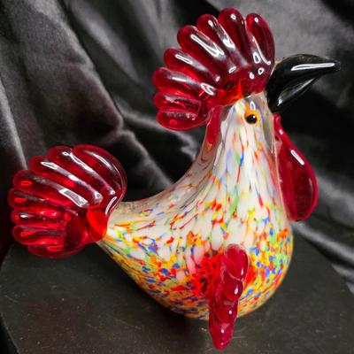 Vintage Murano-Style Art Glass Rooster Figurine - 6" Confetti Splatter Chicken Paperweight