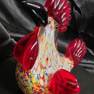Vintage Murano-Style Art Glass Rooster Figurine - 6" Confetti Splatter Chicken Paperweight
