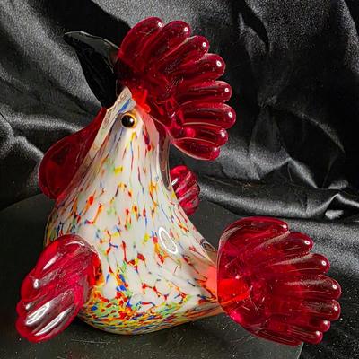 Vintage Murano-Style Art Glass Rooster Figurine - 6" Confetti Splatter Chicken Paperweight