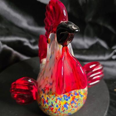 Vintage Murano-Style Art Glass Rooster Figurine - 6" Confetti Splatter Chicken Paperweight