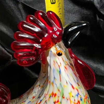 Vintage Murano-Style Art Glass Rooster Figurine - 6" Confetti Splatter Chicken Paperweight