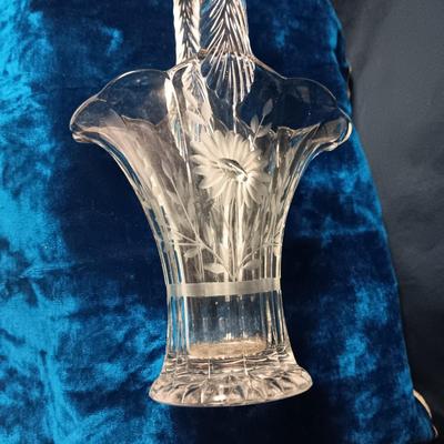 ETCHED GLASS BASKET AND A CRYSTAL VASE