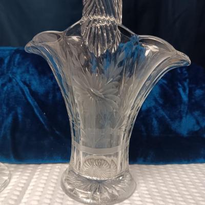 ETCHED GLASS BASKET AND A CRYSTAL VASE