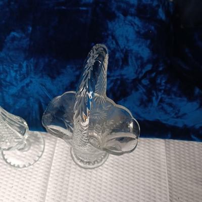 ETCHED GLASS BASKET AND A CRYSTAL VASE