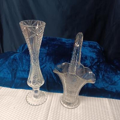 ETCHED GLASS BASKET AND A CRYSTAL VASE