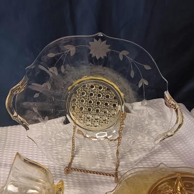 YELLOW ETCHED DEPRESSION GLASS LUNCHEON SET FOR 4 WITH EXTRAS