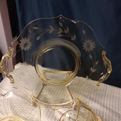 YELLOW ETCHED DEPRESSION GLASS LUNCHEON SET FOR 4 WITH EXTRAS