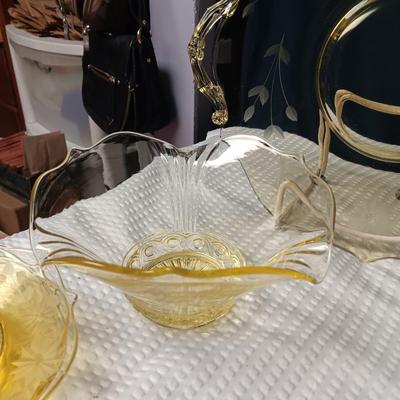 YELLOW ETCHED DEPRESSION GLASS LUNCHEON SET FOR 4 WITH EXTRAS