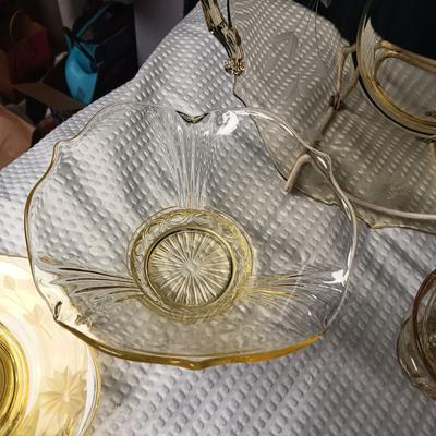 YELLOW ETCHED DEPRESSION GLASS LUNCHEON SET FOR 4 WITH EXTRAS