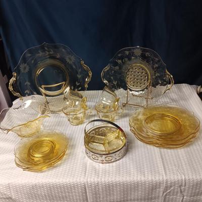 YELLOW ETCHED DEPRESSION GLASS LUNCHEON SET FOR 4 WITH EXTRAS