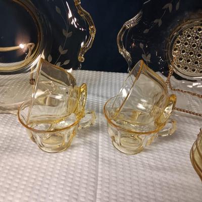 YELLOW ETCHED DEPRESSION GLASS LUNCHEON SET FOR 4 WITH EXTRAS