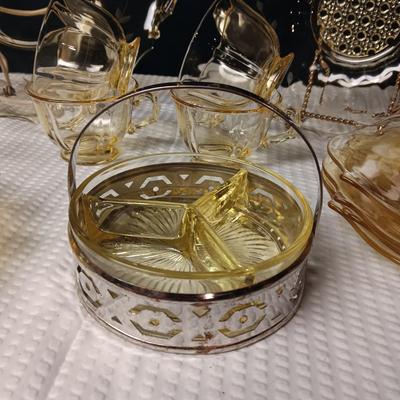 YELLOW ETCHED DEPRESSION GLASS LUNCHEON SET FOR 4 WITH EXTRAS