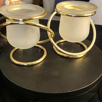 PartyLite Gemini Duo Votive Candle Holder Set Vintage — Interlocking Elegance in Frosted Glass and Gold
