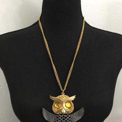 Vintage retro, large, gold and silver, pewter toned, owl statement, necklace