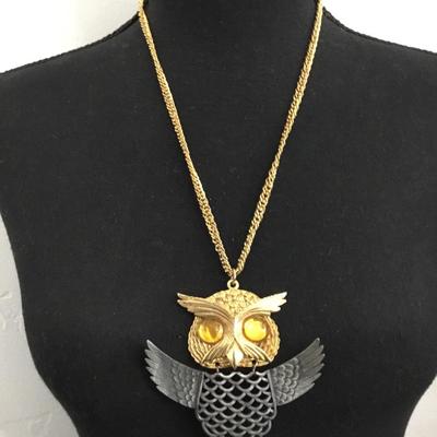 Vintage retro, large, gold and silver, pewter toned, owl statement, necklace