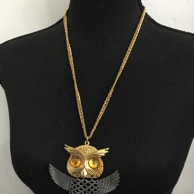 Vintage retro, large, gold and silver, pewter toned, owl statement, necklace