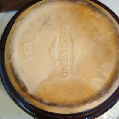 West bend bean pot - Signed Pottery bowl and a bbq utensil set