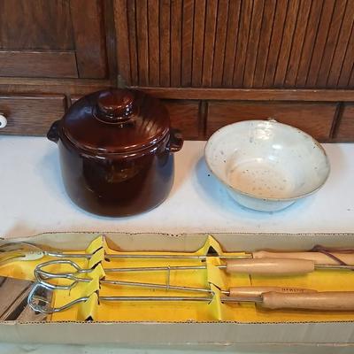 West bend bean pot - Signed Pottery bowl and a bbq utensil set