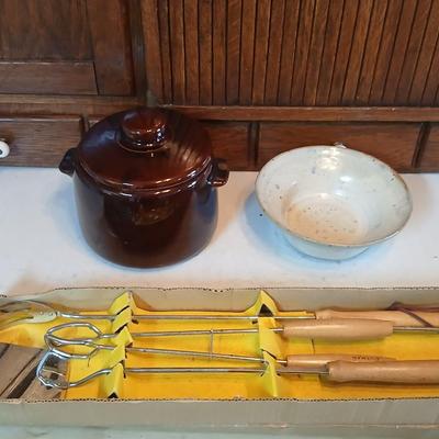 West bend bean pot - Signed Pottery bowl and a bbq utensil set