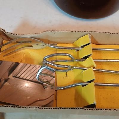 West bend bean pot - Signed Pottery bowl and a bbq utensil set