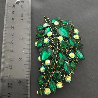 Beautiful large green Rhinestone Statement leaf brooch