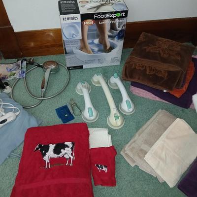 Assortment of Bath items - Towels - Foot expert foot bath - grooming items - suction handles and more