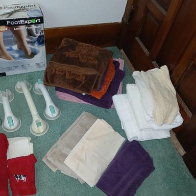 Assortment of Bath items - Towels - Foot expert foot bath - grooming items - suction handles and more