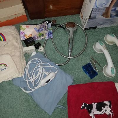 Assortment of Bath items - Towels - Foot expert foot bath - grooming items - suction handles and more