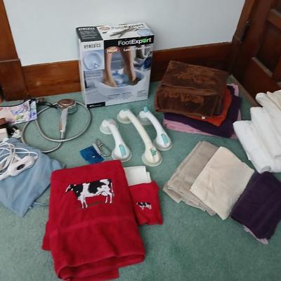 Assortment of Bath items - Towels - Foot expert foot bath - grooming items - suction handles and more
