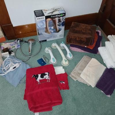 Assortment of Bath items - Towels - Foot expert foot bath - grooming items - suction handles and more
