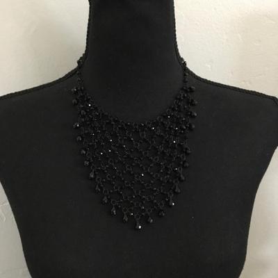 Beautiful jet, black, faceted, glass bead bib necklace