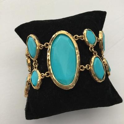 Gorgeous, gold, toned, turquoise, shell or glass wide toggle bracelet very beautiful very nice