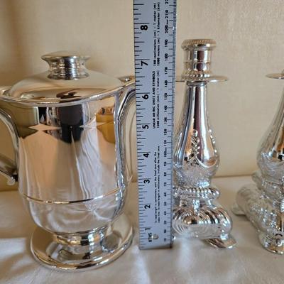 National stainless Japan flatware set - cream pitcher - candle sticks by Avon - and a beautiful metal covered butter dish