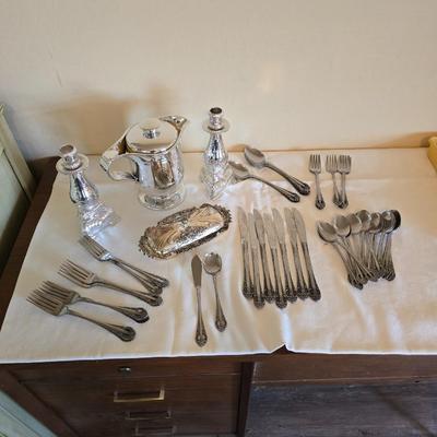 National stainless Japan flatware set - cream pitcher - candle sticks by Avon - and a beautiful metal covered butter dish