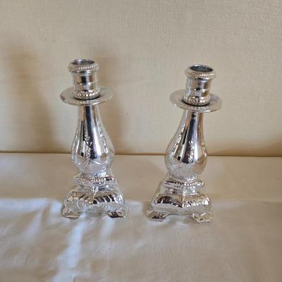 National stainless Japan flatware set - cream pitcher - candle sticks by Avon - and a beautiful metal covered butter dish